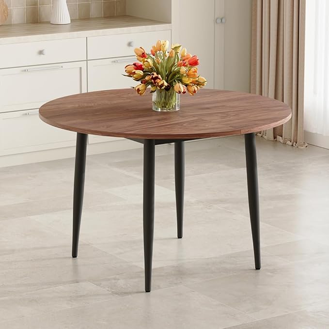 42" Round Dining Table for 4, 54" Oval Dining Table for 6, Extendable Kitchen & Dining Room Table with Metal Legs, Modern Rustic Space-Saving Adjustable Shape Dinner Table, Easy Assembly,Walnut