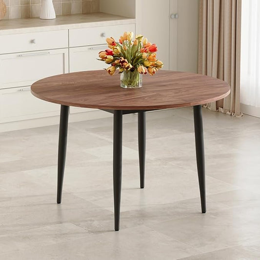 42" Round Dining Table for 4, 54" Oval Dining Table for 6, Extendable Kitchen & Dining Room Table with Metal Legs, Modern Rustic Space-Saving Adjustable Shape Dinner Table, Easy Assembly,Walnut