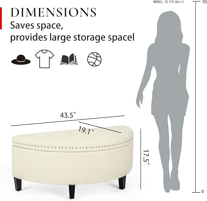 Homebeez 43" Half Moon Storage Ottoman, Button Tufted Bedroom Benches for Entryway Living Room (Cream)