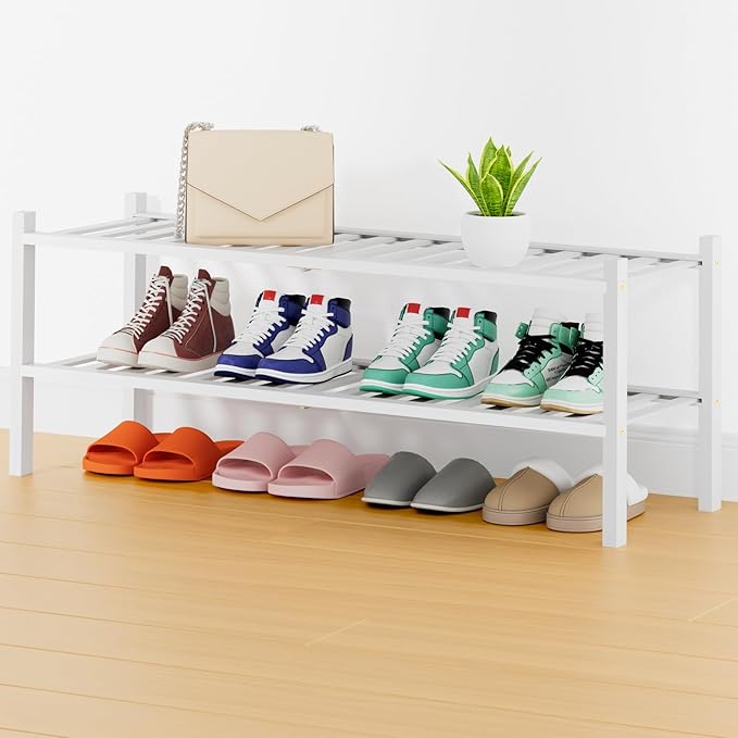 Smiry Shoe Rack, 2 Tier Thick Long Bamboo Shoe Organizer, Stackable Free Standing Wooden Shoe Storage Shelf for Closet, Entryway, Front Door Entrance, White