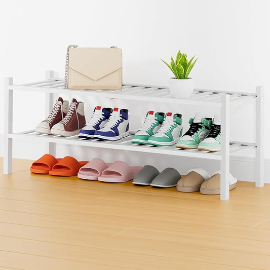 Smiry Shoe Rack, 2 Tier Thick Long Bamboo Shoe Organizer, Stackable Free Standing Wooden Shoe Storage Shelf for Closet, Entryway, Front Door Entrance, White