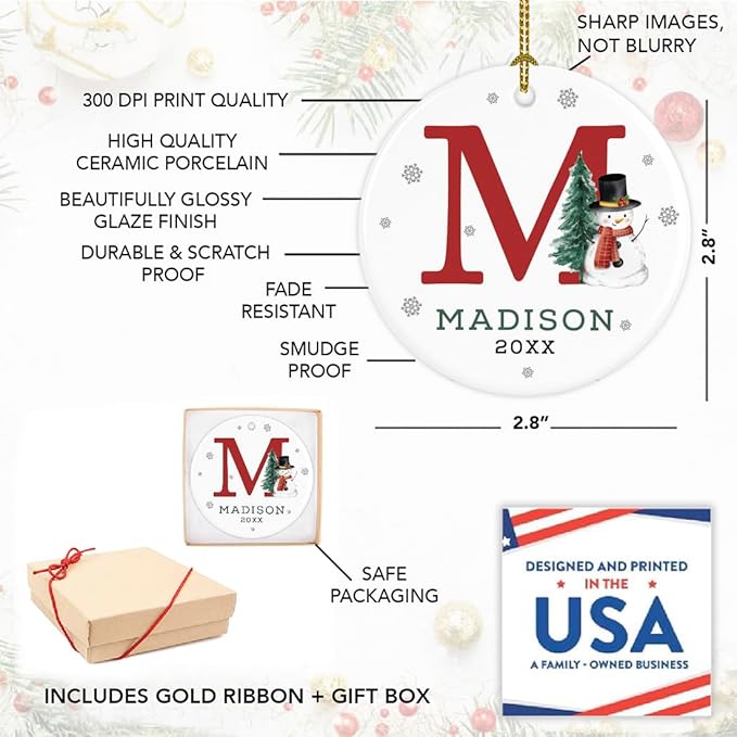 Andaz Press Personalized Ornament, Custom Name, Initial M Monogram Snowman 2.8" Ceramic Porcelain 2025 Christmas Ornament Keepsake for Kids, Boys, Girls, Initial Ornaments Monogram Ornaments 1-Pack