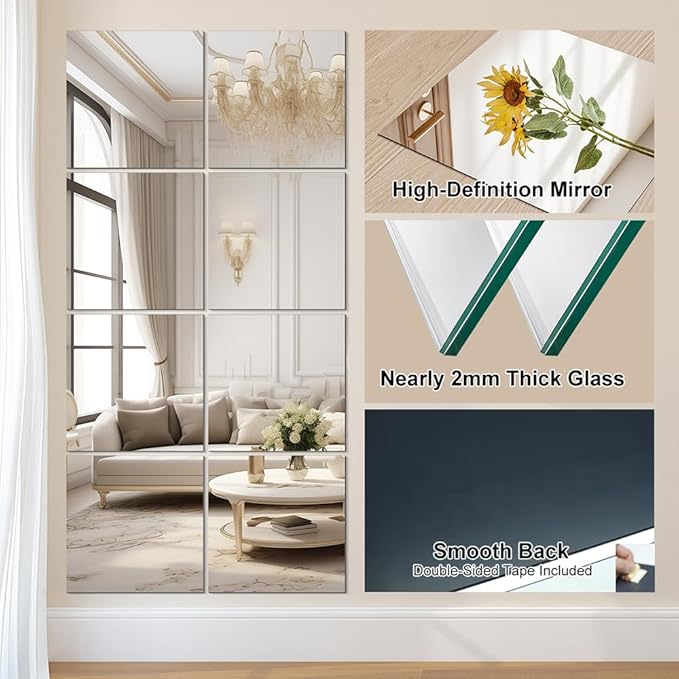 Vlush Home Gym Mirror Tiles 11'' x 11'' x 12PCS Adhesive Full Body & Full Length Mirror Wall Mounted Mirrors Decorative for Home Gym, Door, Bedroom & Bathroom