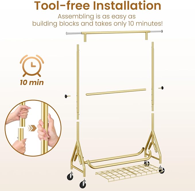 Heavy Duty Clothes Rack for Hanging Clothes, Double Rods Clothing Rack with Lockable Wheels, Rolling Metal Garment Racks Heavy Duty, Portable Wardrobe Closet Racks, Gold