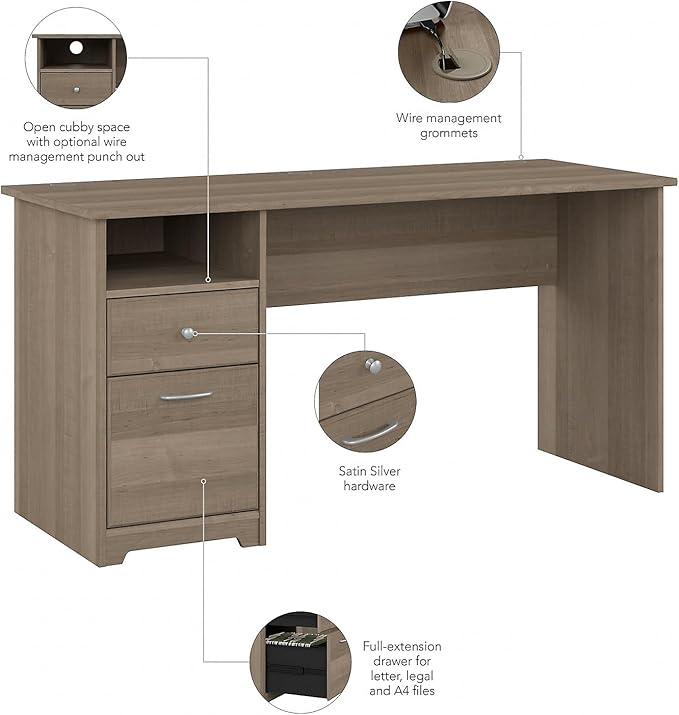 Bush Furniture Cabot 60W Computer Desk with Drawers in Ash Gray, Workstation and File Storage, Desktop with Organization Solutions for Home Office