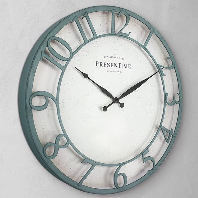 Presentime & Co 21" Farmhouse Series Wall Clock,Vintage Style, Retro Clock, Raised 3D Arabic Numeral, Aged Teal Finish. Wall Décor for Living Room and entryway.