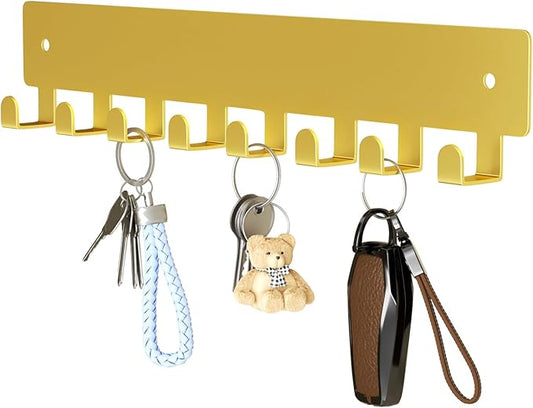 pickpiff Key Holder Wall Mount, Adhesive Key Rack with 8 Hooks Hanger for Car Key Ring, Metal Key Chain Organizer, Gold 1 Pack
