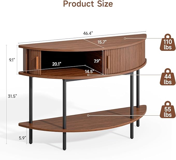 ONBRILL Half Moon Fluted Console Table, Entryway Table with Storage, Mid-Century Modern Sofa Tables, Behind Couch Tables, for Entryway, Hallway, Living Room, Small Spaces, Walnut
