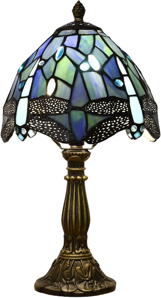 Tiffany Small Table Lamp,Blue Dragonfly Stained Glass 3 Color Temperature Antique Table Lamps,Bedside Nightstand Lamp for Bedroom,Living Room,Home Office+LED Bulb,8X8X15Inch