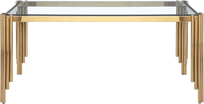 65" Rectangle Glass Dining Table, Glass Kitchen Table w/Tempered Glass Tabletop and Stainless Steel Gold Legs, Modern Glass Dining Room Table for Home, Kitchen, Dining Room