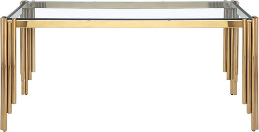 65" Rectangle Glass Dining Table, Glass Kitchen Table w/Tempered Glass Tabletop and Stainless Steel Gold Legs, Modern Glass Dining Room Table for Home, Kitchen, Dining Room