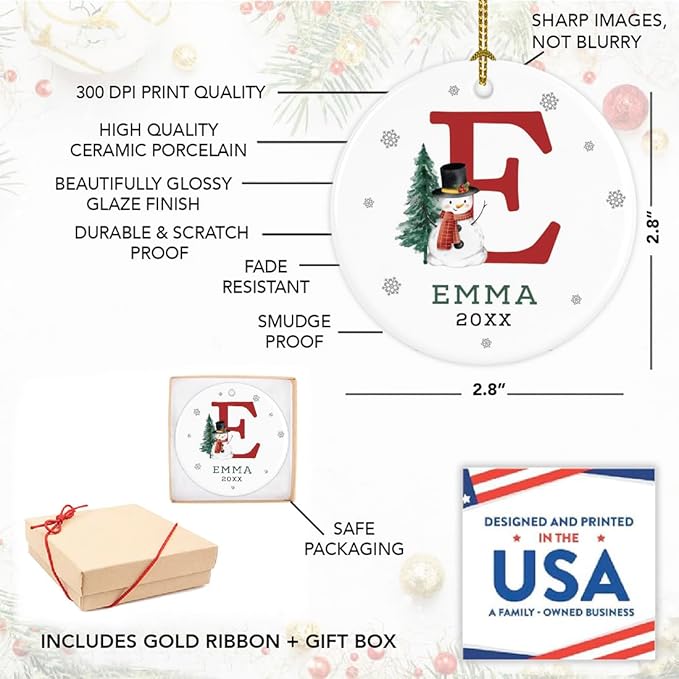 Andaz Press Personalized Christmas Ornament, Custom Name, Initial E Monogram Snowman 2.8" Ceramic Porcelain 2025 Christmas Ornament Keepsake for Kids, Boys, Girls, 1-Pack Initial Ornaments