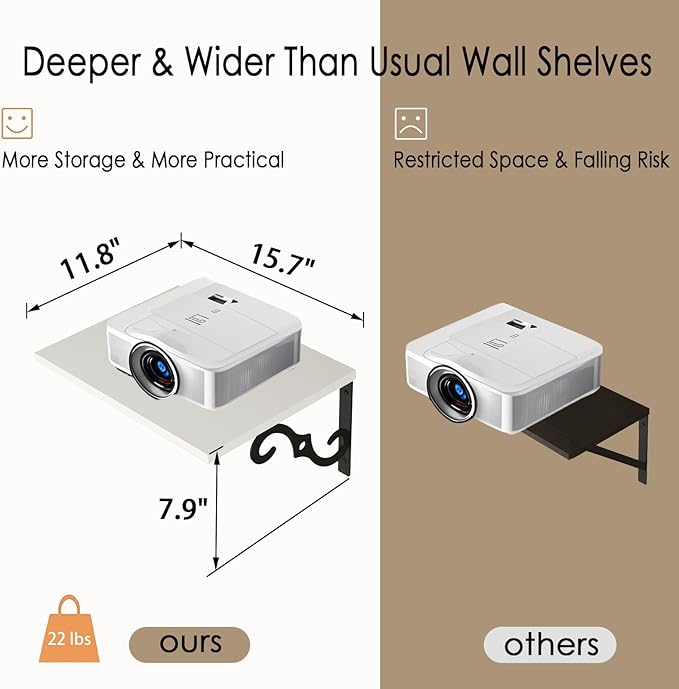 DINZI LVJ Deep Floating Shelves, 16" W x 12" D Wall Shelves Set of 2, Wide Display Shelf Wall Mounted with Brackets, Easy-to-Install Bookshelf for Living Room, Bathroom, Bedroom, White