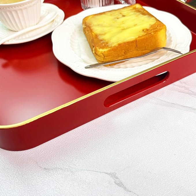 Large Red Tray, Elegant Plastic Coffee Table Tray for Ottoman, Home Decor, Living Room.16.7"*12"*1.6"