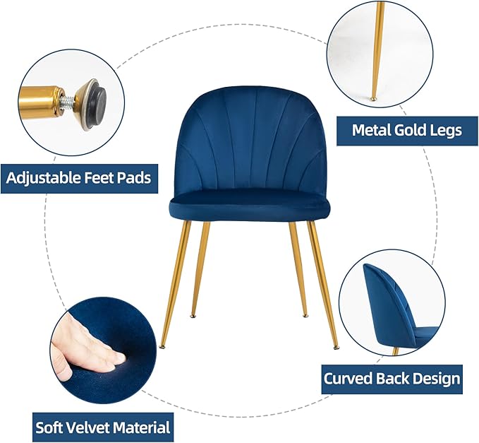 Velvet Dining Chairs Set of 2, Upholstered Mid Century Modern Dining Chairs, Armless Accent Chair with Metal Gold Legs for Living Room, Kitchen, Dining Room, Blue