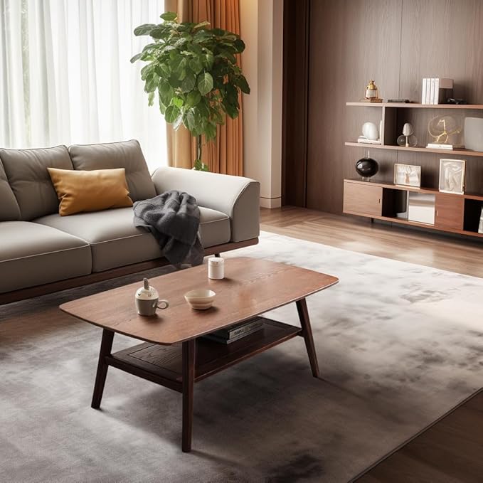 100% Solid Oak Coffee Table with Storage Shelf, 2-Tier Wooden Center Table for Living Room, Farmhouse Rustic Rectangle Table, Easy Assembly,31.49 Inch