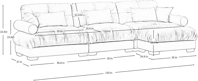 130"Oversized Couch, 3 Seater Modular Sectional Sofa, Beige White Large L Shaped Sectional Couches for Living Room, Fluffy Couch Set, 3 Seater, Velvet Cloud Couches with Ottoman, Sofas for Living Room