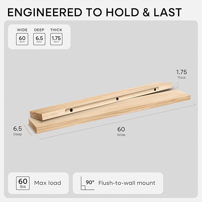 Homeforia 60 inch Natural Floating Shelf, High End Solid Real Wood 60inch Small Floating Shelves for Wall Mounted, Natural Wooden Floating Shelves, Heavy Duty Bracket, 60 X 6.5 X 1.75 in, Set of 3