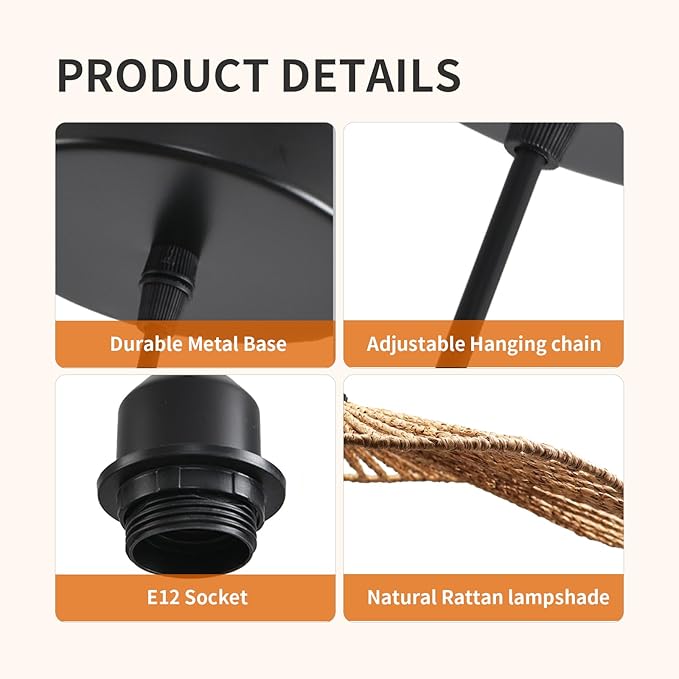 10.2''Small Natural rattan chandelier Pendant Lights -Farmhouse Boho rattan hanging lamp with Included E27 Bulb, 120V wicker pendant lamps for Dining Room Kitchen Island Bedroom living room