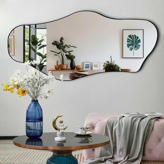 Large Irregular Mirror, 55"x25.6" Asymmetrical Wall Mirror with Metal Frame, Modern Abstract Mirrors for Living Room Bathroom Bedroom Hallway Entryway Fireplace, Cloud Shaped