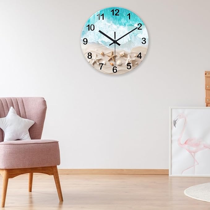 XNM 20 Inch Glass Large Wall Clocks for Living Room Decor Battery Powered Blue Beach Clock Analog Non Ticking Wall Clock Silent