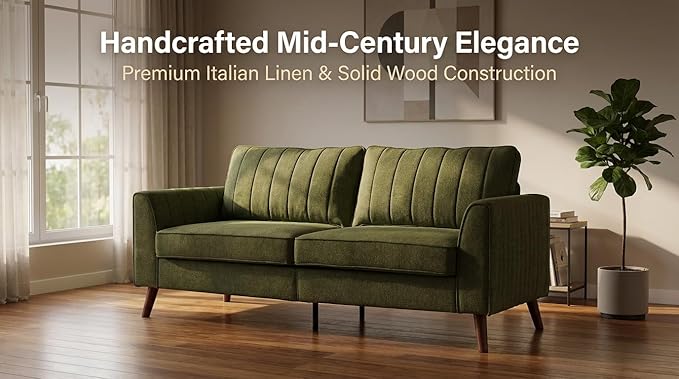 Artechworks Handmade Sofa Couch, 3-Seater 76" Wide W/Durable Italian Style Linen, Modern Mid-Century Fusion Stylish Sofa Couch for Living Room Apartment Lounge,French Piping,Dark Green