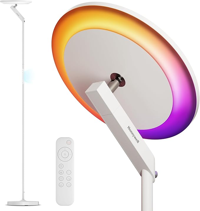 Honeywell 3000LM LED Floor Lamp, Torchiere Floor Lamps with Remote Control, F2 Sunturalux™ 40W Eye-Caring Reading Light, 2700-5000K 6 RGB Modes RGB Standing Lamp for Bedroom Living Room Office White
