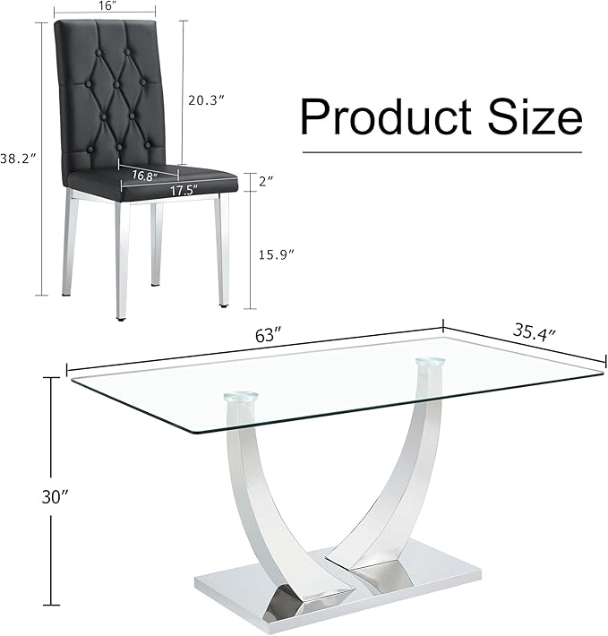 Modern Dining Table Set for 6, Glass Dining Table with 6 PU Leather Chairs, U-Shaped Legs and Rectangular Base