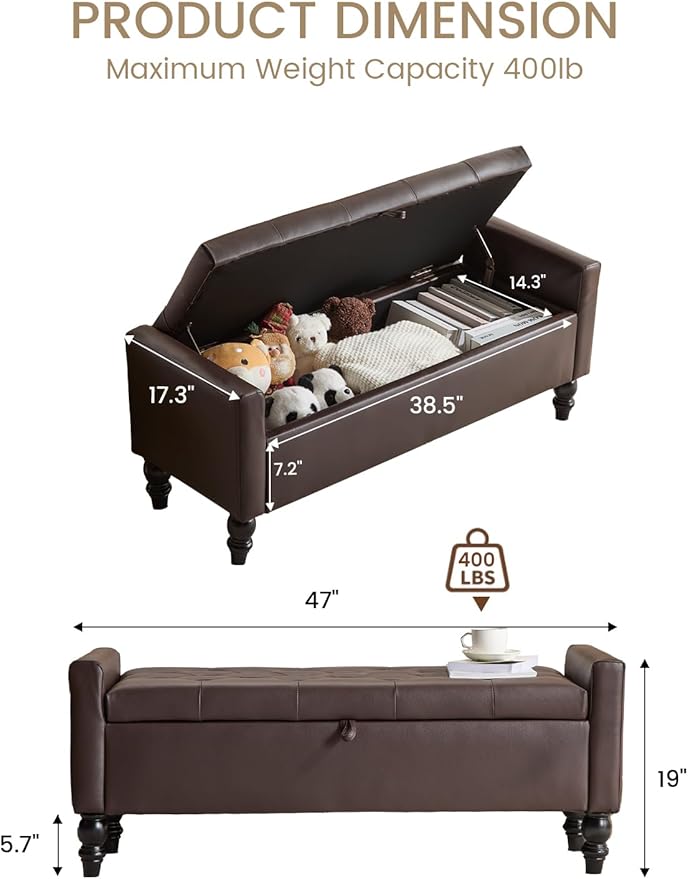 47" Storage Ottoman Bench, End of Bed Bench for Bedroom, Leather Upholstered Ottoman with Storage for Living Room, Entryway, Window (Brown)