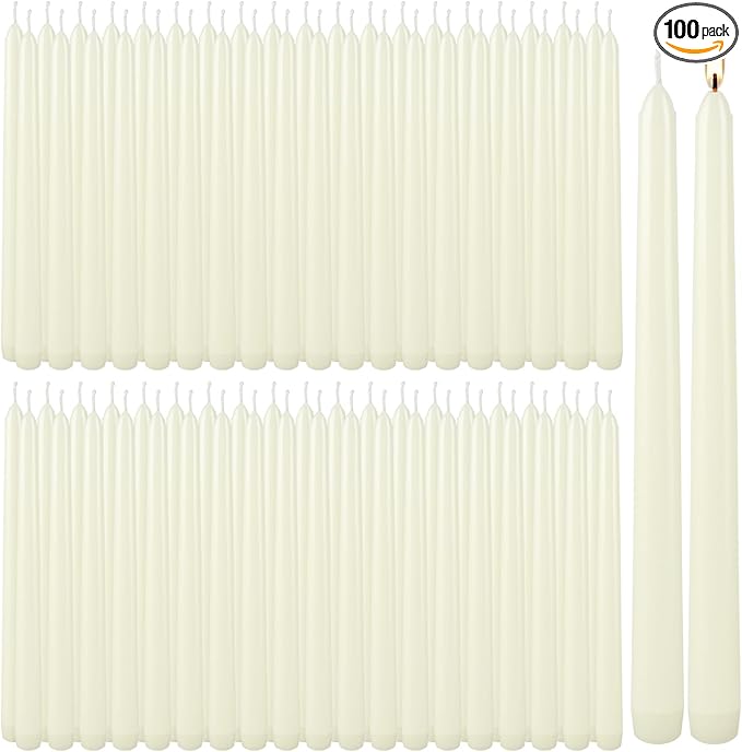 100Pack Ivory Taper Candles, 7-8 Hours Burn Time, Unscented, Smokeless and Dripless, 0.75 x 10 Inch Dinner Candle Set for Household, Wedding, Party and Home Décor Candlesticks