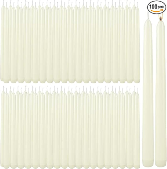 100Pack Ivory Taper Candles, 7-8 Hours Burn Time, Unscented, Smokeless and Dripless, 0.75 x 10 Inch Dinner Candle Set for Household, Wedding, Party and Home Décor Candlesticks