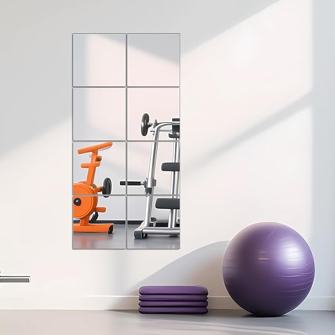 Ruomeng Full Length Mirror Tiles - 12 Inch x 8Pcs Frameless Wall Mirror Full Body Mirror for Home Gym Vanity Bedroom, Living Room