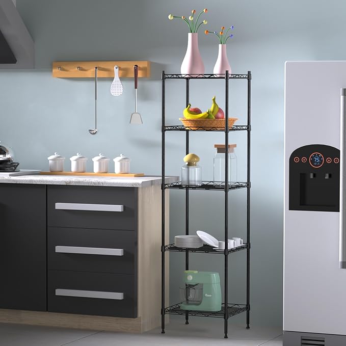 5 Tier Standing Metal Wire Shelving Unit, Adjustable Height, Storage Shelf Units for Laundry Bathroom Kitchen Pantry Closet (11.8" D x 11.8" W x 50.2" H inches, Black)