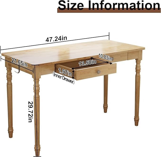 Solid Wood Desk with Drawers - 48 Inch Writing Desk with Drawers, Mid Century Modern Desk with 2 Hooks, Rubber Wood Study Table for Bedroom, Living Room & Office, Natural Boho Desks