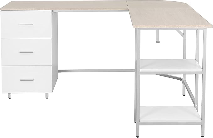 Techni Mobili L Shaped Desk - Two-Toned Computer Desk with Drawers & Storage Shelves - Simple Modern Furniture & Home Office Space Corner Table for Work & Writing