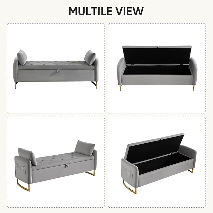 65" Storage Ottoman Bench for Bedroom, End of Bed Storage Bench King Size with Tufted Button Upholstered and Gold Legs, Bedroom Benches with Armrests for Living Room Window, Light Grey