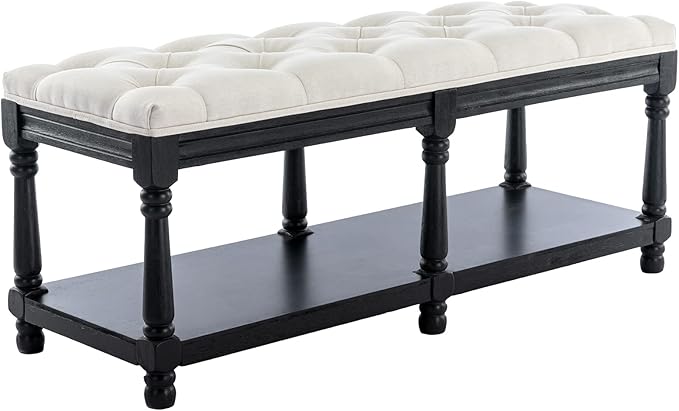 Kmax Storage Entryway Bench Tufted Shoe Rack Bench Black Wood Window Bench for Hallway Entrance Bedroom Corner, Beige