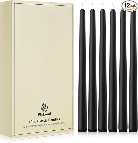 New Burning Formula Unscented Dripless 12-Inch Taper Candles Set of 12 - Black, for Wedding, Dinner - Smokeless, Long Burning - Hand Poured, Colored Tall Candlesticks - Negro