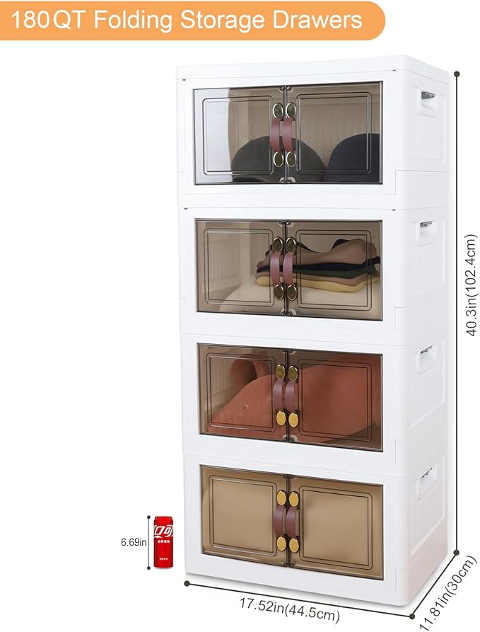 MOONEDGE 35QT Plastic Stackable Storage Bins with Lids, Collapsible Organizer with Magnetic Doors & Hidden Locking Handles, Storage Cabinet for Pet, Closet, Living Room, Pantry & Office Organization