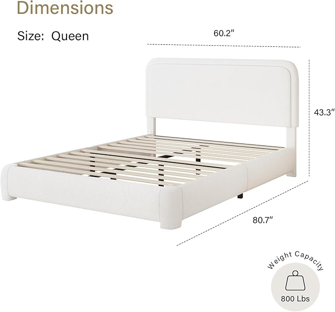 BarnFurin Queen Bed Frame with Headboard, Boucle Upholstered Platform Bed Frame, Luxurious Soft Rounded Corners, No Box Spring Required, Easy Assembly, White