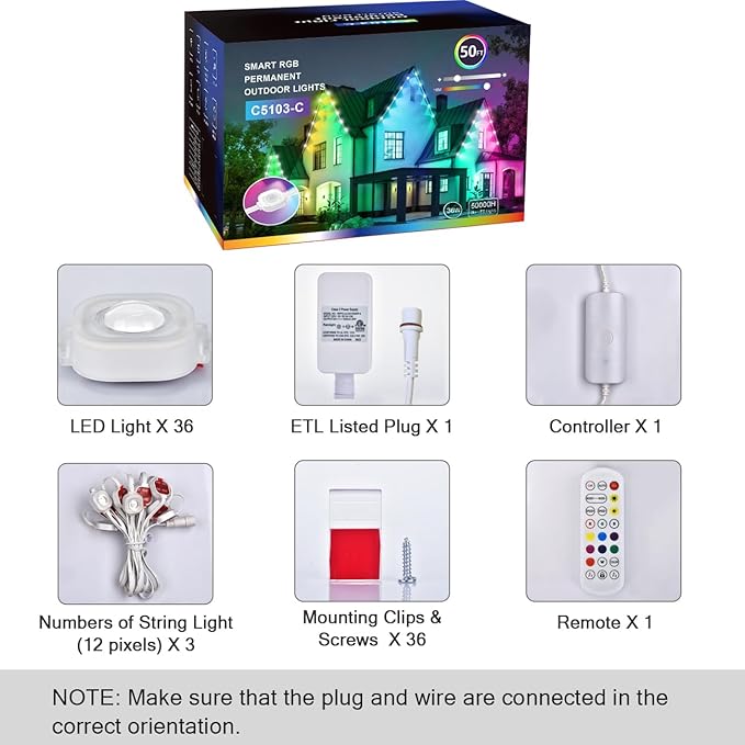 wowlite Permanent Outdoor Lights 50FT, RGBIC Smart Eave Lights with 36 LEDs, IP67 Waterproof, 110+ Scene Modes for House, Daily & Holiday Decorations, Christmas, Compatible with Alexa & Google