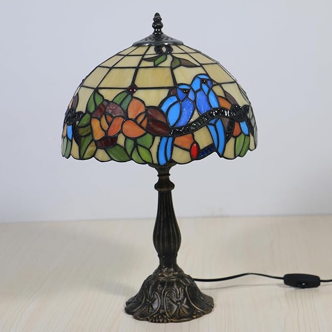 Tiffany Style Table Lamp Hummingbirds Flower Stained Glass Bedside Nightstand Table Lamp for Bedroom,Living Room,Home Office Farmhouse Desk Lamps 12X12X19Inch