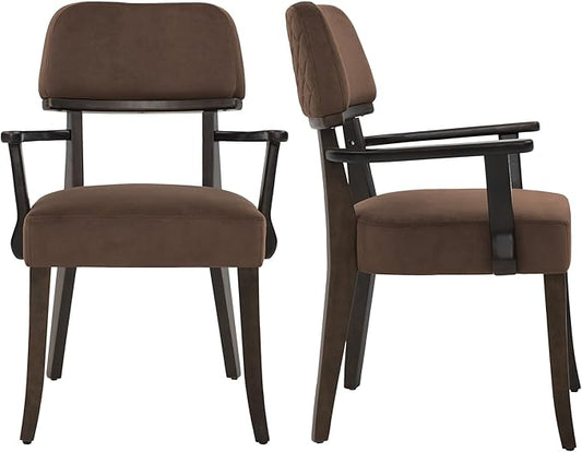 Modern Wood Dining Chairs with Arms Set of 2, Velvet Upholstered Kitchen Chairs with Open Curved Backrest & Black Hardwood Legs, Accent Chairs 350 LBS Capacity, Brown