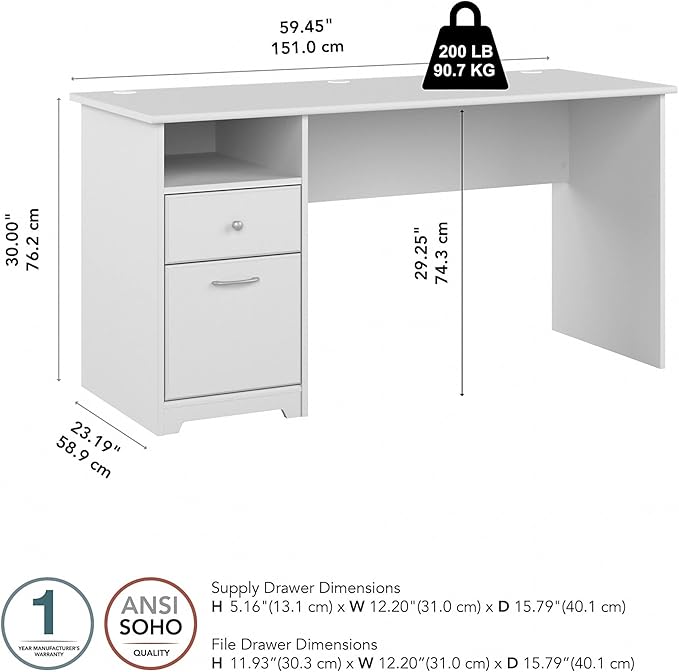 Bush Furniture Cabot 60W Office Desks for Home Office with Storage and Chrome Hardware, Elegant Computer Table with Drawers, White
