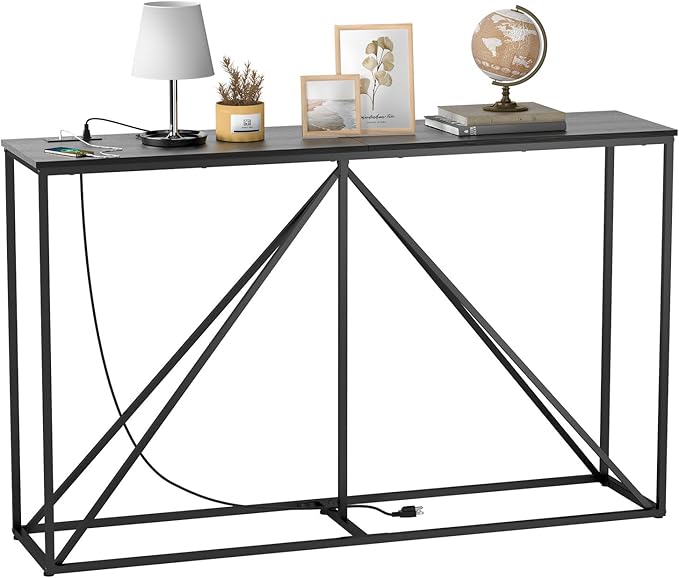 Console Table, 51" W × 12" D × 31.5" H Sofa Table Behind Couch, Entryway Table with Electrical Outlet & USB Ports, Industrial Pyramid Metal Base Console Table for Entryway, Black Wood