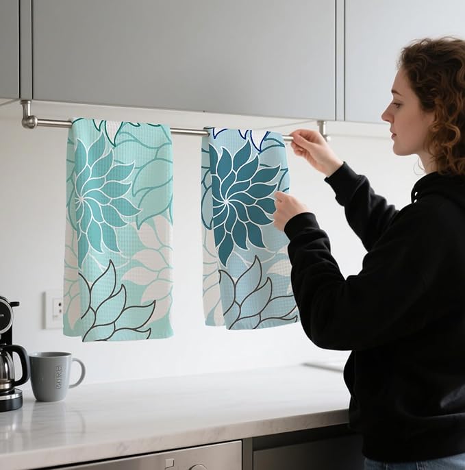 2-Pack Boho Floral Abstract Waffle Towels, Flower Hand Towel for Bathroom Decor, 16x24 Inch Neutral Azure & Blue Flower Dish Tea Towel Decor for Kitchen/Bath/SPA,Gift for Friends.