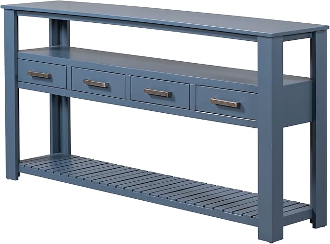 Modern 62'' Console Table Sofa Entryway Table with 4 Drawers and 2 Shelves, Acacia Wood Kitchen Buffet Cabinet Sideboard, Accent Table Furniture for Entryway Kitchen Living Room (Navy Blue-4DE)