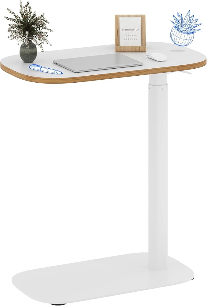 FLEXISPOT Adjustable C Table with Wheels, Mobile Snack Side End Table Sofa Couch Bedside Table Laptop Cart TV Tray Night Stand Small Space Side Table(23.6" W x 13.8" D,White)