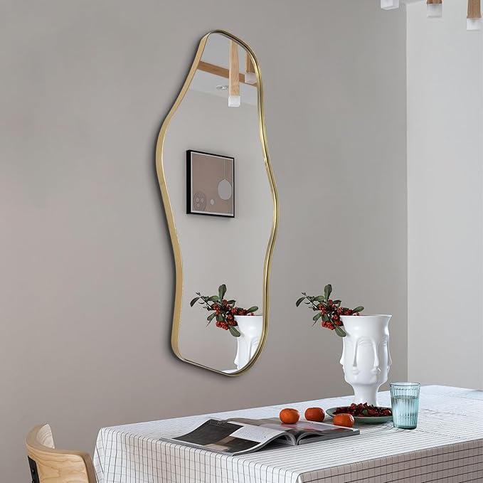Gold Irregular Mirror, Asymmetrical Mirrors Decorative, 40"x18" Unique Shaped Mirror with Metal Frame, Modern Abstract Mirrors for Living Room Bathroom Bedroom Hallway Entryway Fireplace