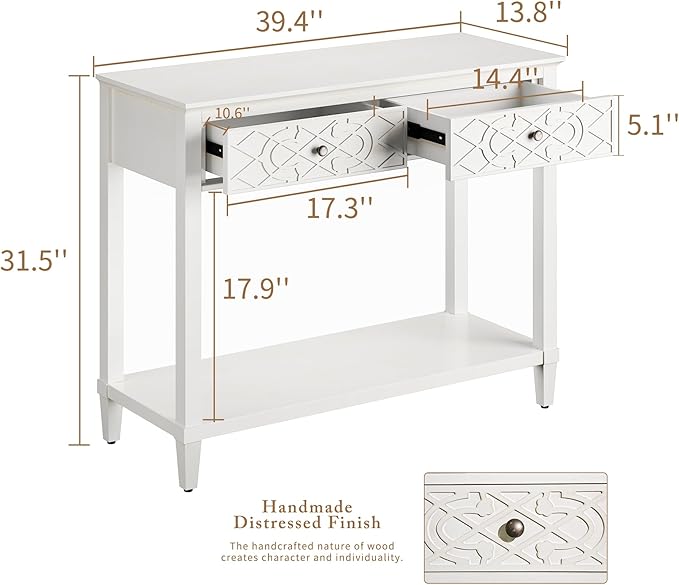 40" Console Table with Drawers, Vintage Entryway Table with Shelf, Charming Carved Motifs, Solid Pine Wood Legs, Accent Sofa Table for Living Room, Painted, Drawers Pre-Assembled, Distressed White